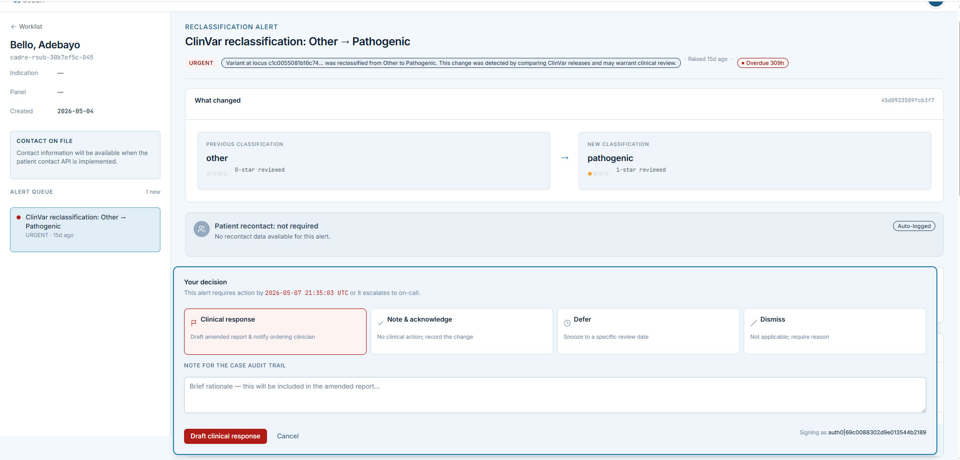 Alert detail view: a variant reclassified from Other to Pathogenic, with structured decision options and a note field for the audit trail